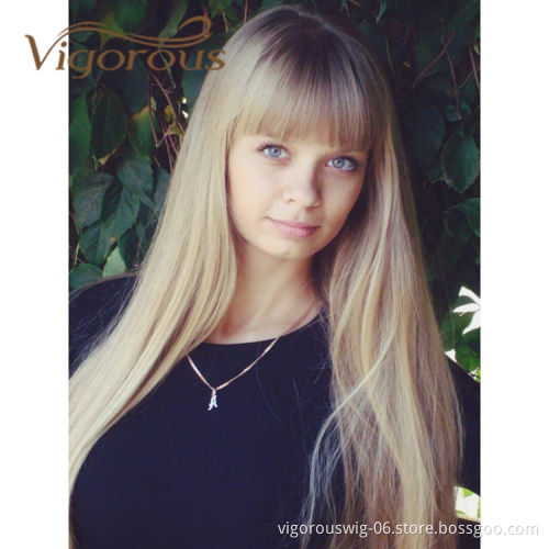 Vigorous High Quality Cheap Price Long Straight Wave Ombre Blonde Dark Root With Neat Bangs For Black Women Synthetic Hair Wigs